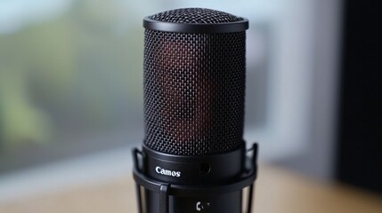 Studio condenser microphone close-up, recording, bokeh background, podcasting