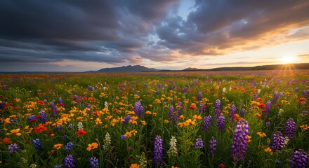 Fototapeta premium Wildflower Meadow at Sunset with Mountains and Dramatic Cloudscape