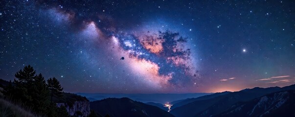 Fototapeta premium Breathtaking Milky Way panorama, swirling nebulae, cosmic landscape, open cluster, starfield