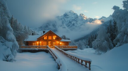 Fototapeta premium Cozy cabin illuminated in winter landscape with surrounding mountains