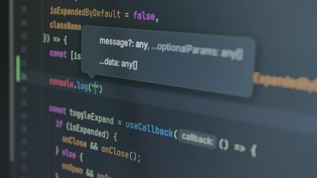 Typing "I love React.js" in code editor, console. Technology background for software developer and Computer script concept. Programming React.js, Next.js, JavaScript, HTML. Close up video
