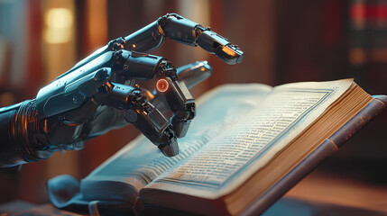 Fototapeta premium Real robots hand with ancient bible book concepts of artificial intelligence development and machine learning : generative ai. Mechanical Gods. Illustration