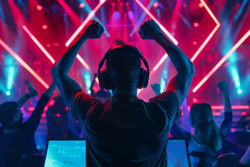 Esports gamer raising hands in victory at competitive gaming event, surrounded by cheering crowd and vibrant neon lights. Professional esports competitions