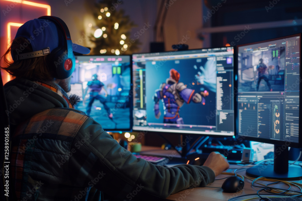 Fototapete game developer wearing headphones works on 3d character design in studio with multiple monitors. con