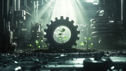 Industrial Gear Plant Life Hopeful Green Scene Dark Setting