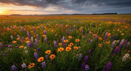 Fototapeta premium Blooming Wildflower Meadow at Sunset with Dramatic Sky Landscape View