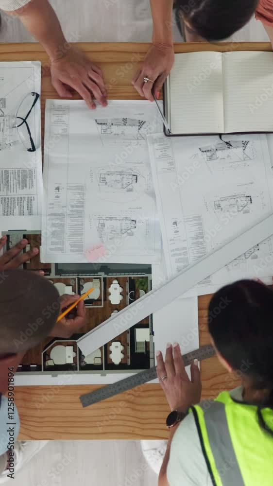 Poster architect, group and blueprint for design in office with review, discussion and strategy for buildin