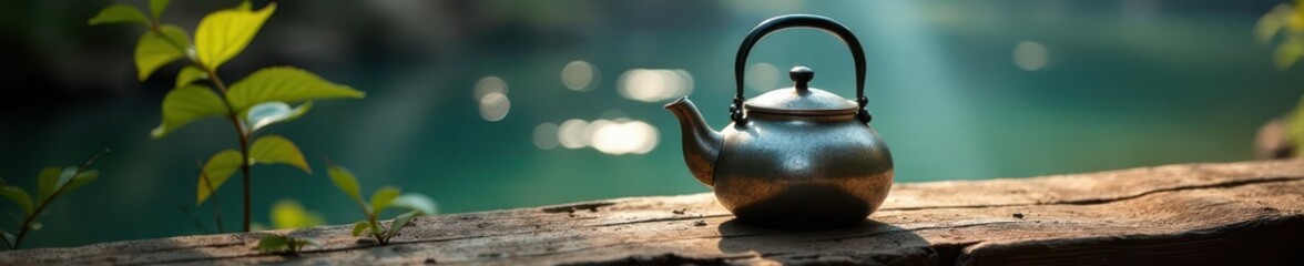 Clear water, metal kettle on aged wood surface, design, aged, objects