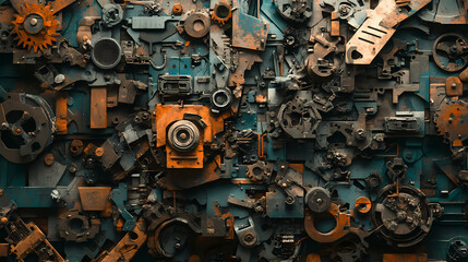 Surreal dadaism backdrop with mechanical parts and fragmented text in soft light. Mechanical Gods. Illustration