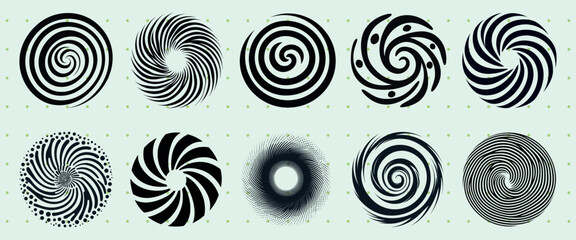 Abstract spiral designs collection isolated illustration, vector set