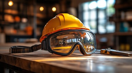 Safety gear resting on a wooden table in a well-lit construction setting
