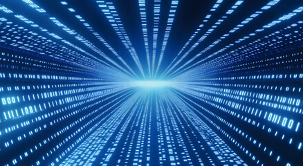 Abstract Digital Tunnel of Binary Code Data Stream glowing Blue Lines and Numbers in Cyberspace