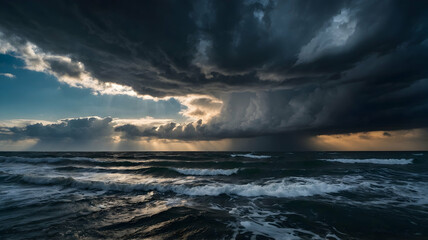 Dramatic seascape with turbulent waves dark ominous clouds and streaks of sunlight piercing through the storm