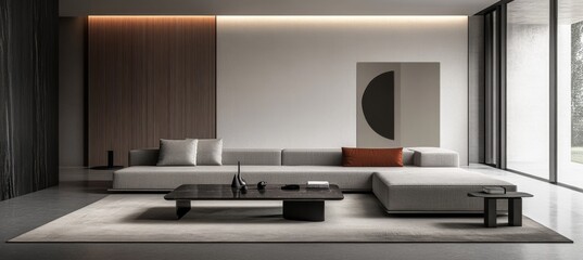 Modern sectional sofa in minimalist living room with large window