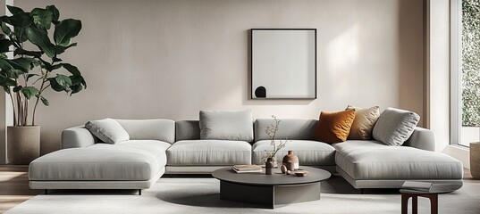 Modern sectional sofa in sunlit living room with plant