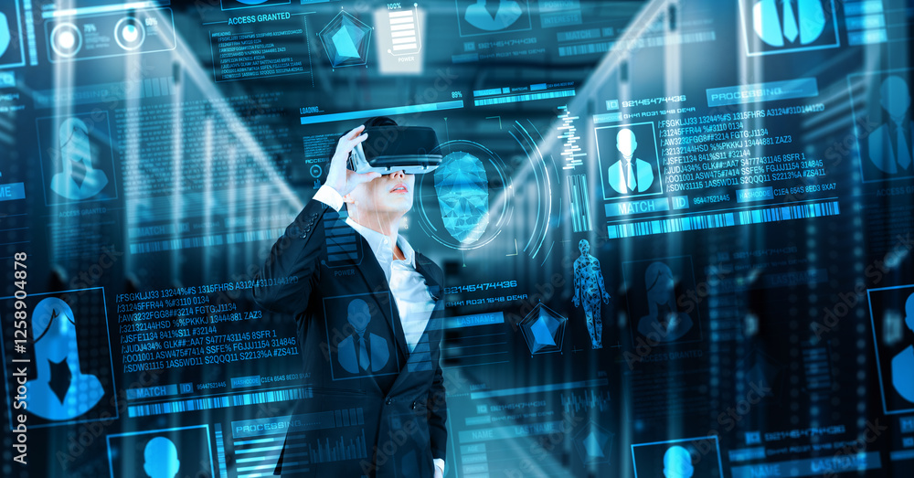 Poster business man looking at security system hologram and standing at data center. skilled project manage