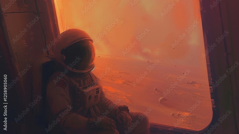 Poster an astronaut in a spacecraft admires a mars-like surface glowing in vivid orange and red tones, symb