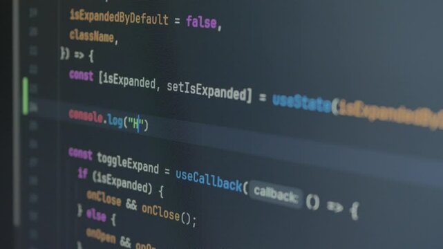 Typing "Hello, React.js" in code editor, console. Technology background for software developer and Computer script concept. Programming React.js, Next.js, JavaScript, HTML. Close up video