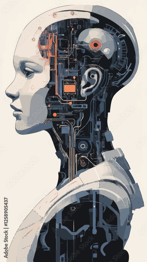 Poster futuristic human-like robot ai with intricate circuit design in minimalist vector