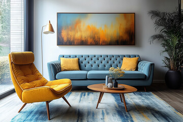 Yellow recliner and lounge chair near blue tufted sofa. Scandinavian, mid century home interior design of modern living room.