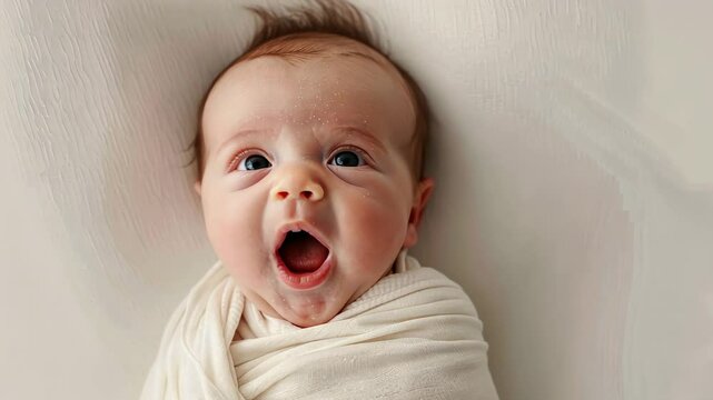 Sweet newborn baby yawning peacefully swaddled in soft white fabric, conveying innocence and tranquility.