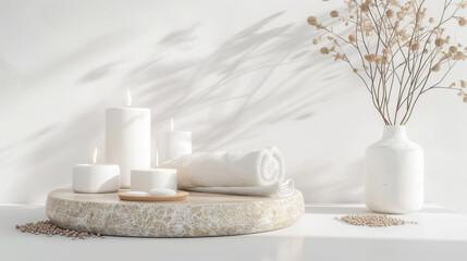 Singles awareness day podium with candles and dried flowers for relaxation