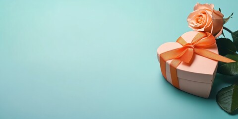 Heart Shaped Gift Box With Rose And Ribbon On Light Teal Background