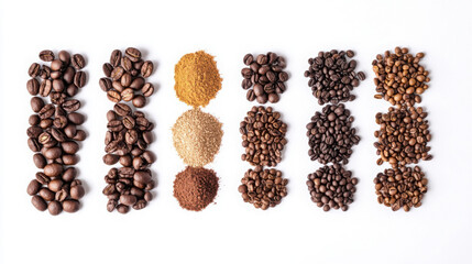 Close up of assorted roasted coffee beans and ground varieties for beverage enthusiasts