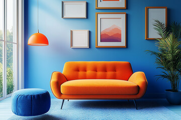 Orange armchair and blue sofa near blue wall with frames. Minimalist, memphis style interior design of modern living room.
