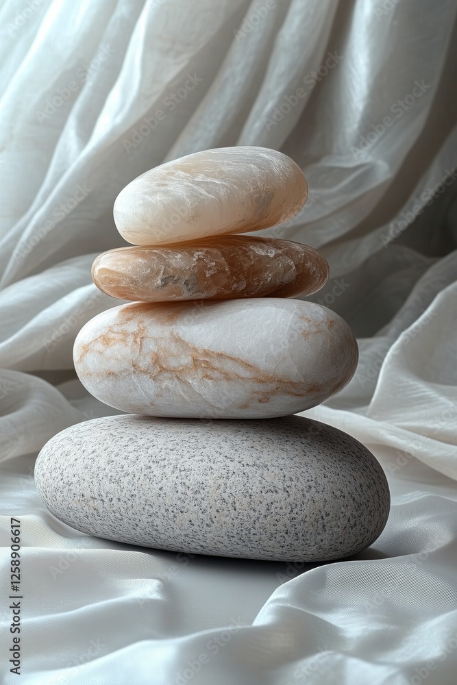 Poster stacked smooth stones arranged neatly on soft fabric showcases tranquility in arrangement