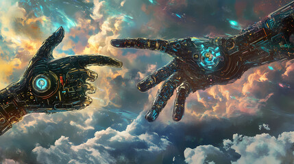 A contemporary twist on the creation of adam, where technology intersects with human experience. Mechanical Gods. Illustration