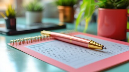 Elegant pen resting on a formatted notepad with plants in a bright workspace
