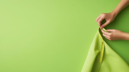 Precision in fashion design: hands measuring bright green fabric with tape for sewing projects