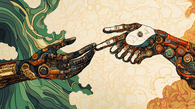 A modernized version of the creation of adam, where technology intersects with human experience. Mechanical Gods. Illustration