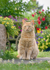 A gorgeous ginger colored tabby cat posing in a beautiful garden with colorful flowers in summer, Germany 