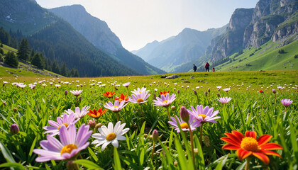 Obraz premium Stunning alpine meadow with wildflowers, hikers enjoy nature's beauty