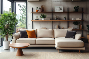 Loft interior design of modern living room, home. Beige sofa and shelving units against concrete wall.