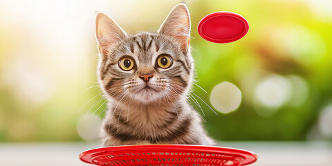 Adorable tabby kitten with wide eyes watching a red frisbee, playful expression, set against a bright green outdoor background, symbolizing curiosity, pets, fun, and energetic feline behavior in natur