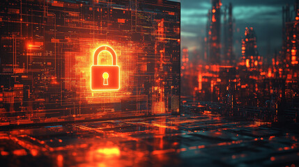 A computer screen displaying a digital padlock symbolizing cybersecurity and data protection in a high-tech environment .