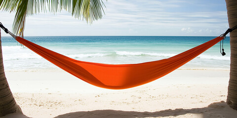 Relaxing beach scene with bright orange hammock tied between two palm trees over white sand, overlooking turquoise ocean, symbolizing tropical vacation, summer leisure, paradise escape, and coastal