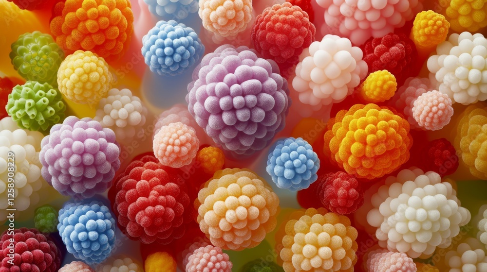 Poster a vibrant composition of multicolored abstract clusters resembling molecular structures, showcasing 