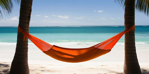 Relaxing beach scene with bright orange hammock tied between two palm trees over white sand, overlooking turquoise ocean, symbolizing tropical vacation, summer leisure, paradise escape, and coastal