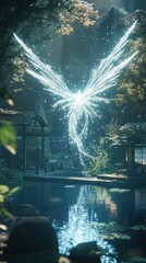 Obraz premium Ethereal phoenix rising over serene pond, mystic nature fantasy landscape