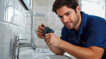 Skilled plumber repairs a leaking faucet in a bright, modern bathroom during the afternoon hours