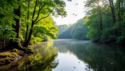 Gardinen Breathtaking landscape of serene river weaving through forest, tranquility © Irina