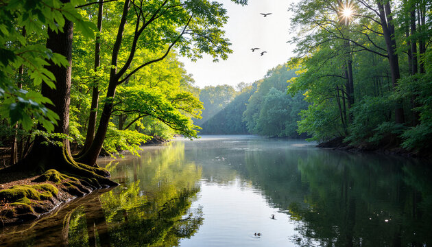 Breathtaking landscape of serene river weaving through forest, tranquility