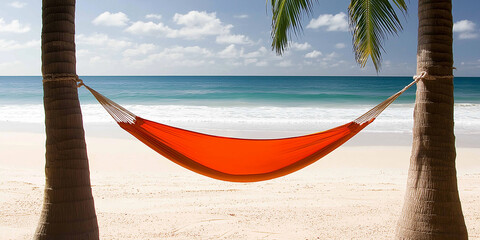 Relaxing beach scene with bright orange hammock tied between two palm trees over white sand, overlooking turquoise ocean, symbolizing tropical vacation, summer leisure, paradise escape, and coastal