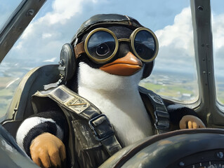 Concept of Funny Penguin Pilot in Vintage Airplane: Whimsical Aviator Bird Flying High. Retro Style Animal Humor & Aviation Adventure Illustration