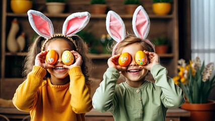 Joyful children with bunny ears playfully holding decorated Easter eggs in a festive spring setting, embodying happiness and celebration