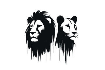 Hand-drawn black and white lion and lioness minimalist portrait © Victoria